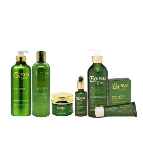 Shop the original Express Glow Triple Fast Lightening Body lotion, Serum, Soap, Glycerin, Dark spot corrector, Body wash and Treatment Cream Combo in Lagos Nigeria