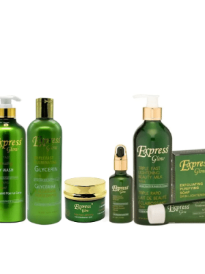 Shop the original Express Glow Triple Fast Lightening Body lotion, Serum, Soap, Glycerin, Dark spot corrector, Body wash and Treatment Cream Combo in Lagos Nigeria
